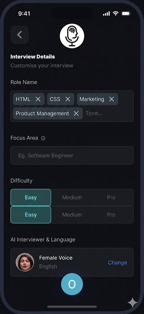 PocketInterviewer interview setup screen with HTML, CSS, Marketing and Product Management skill tags and a Female Voice English interviewer selection